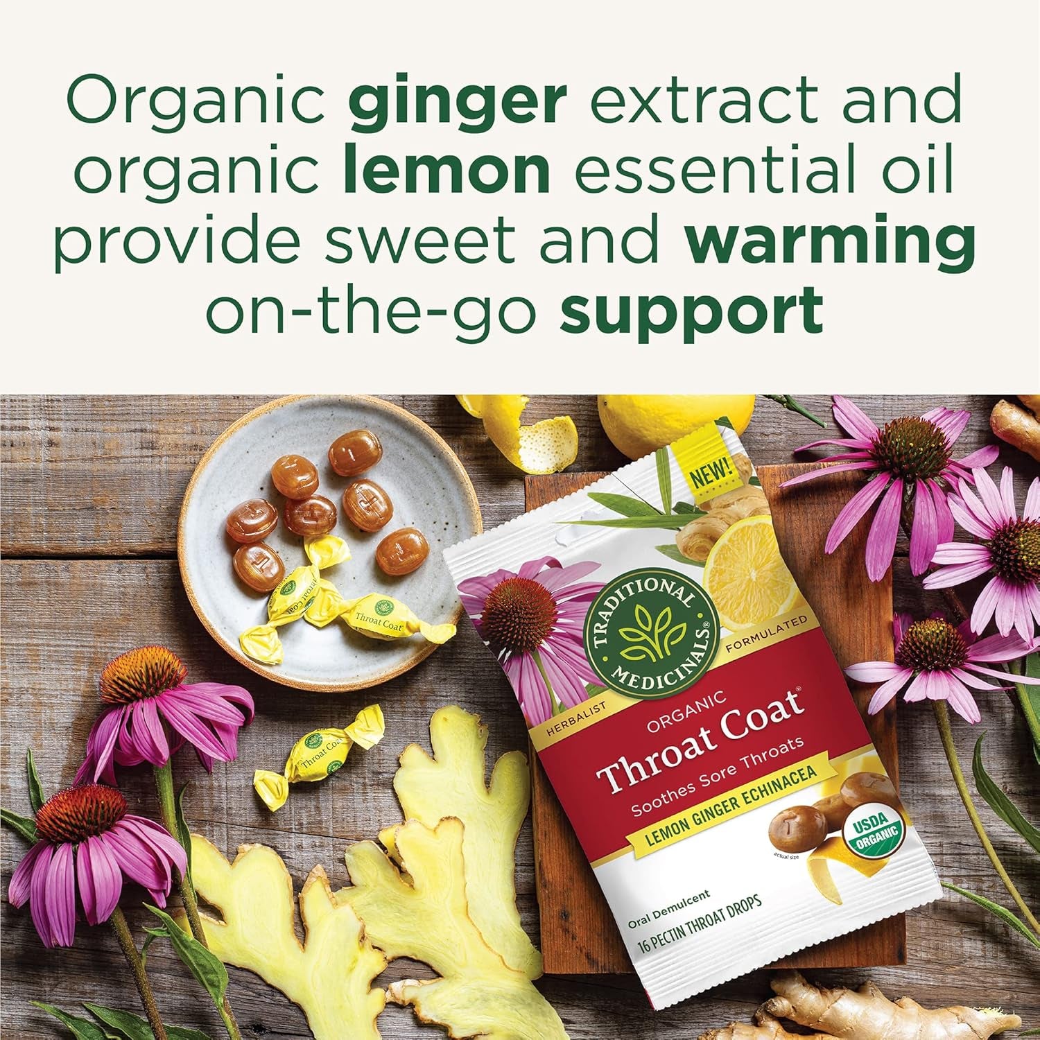 Organic, Throat Coat Lozenges, Lemon Ginger Echinacea - Herbal Cough Drops, Helps Soothe Sore Throat - Non-Gmo, Stimulant-Free - 16 Count