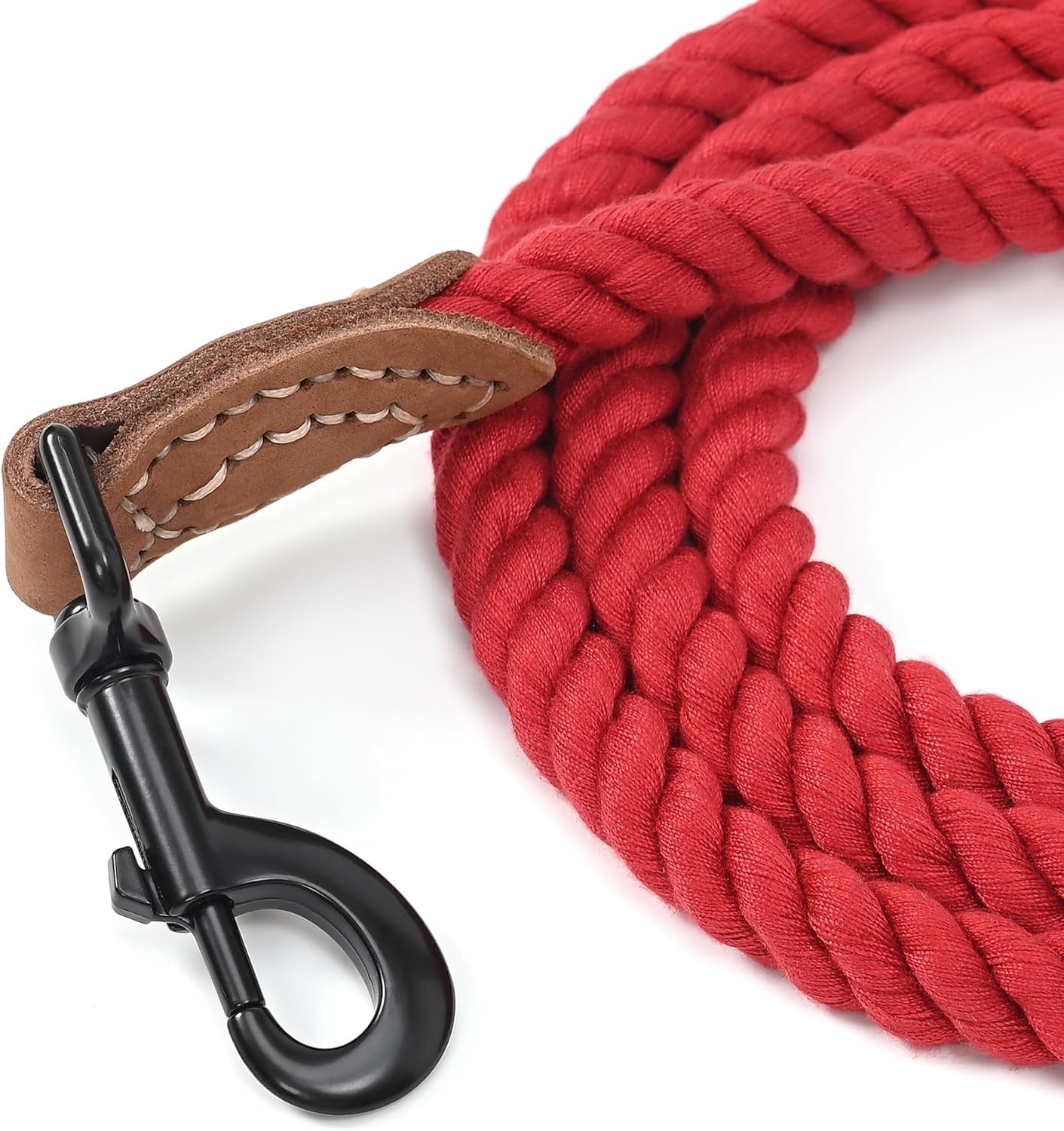 Dog Leash Braided Cotton Rope with Leather-Reinforced Ends | Rust-Proof 360° Swivel Clasp, Heavy-Duty for Medium/Large Breeds. Great for Weddings, Daily Walks (5 FT, 1/2", Red)