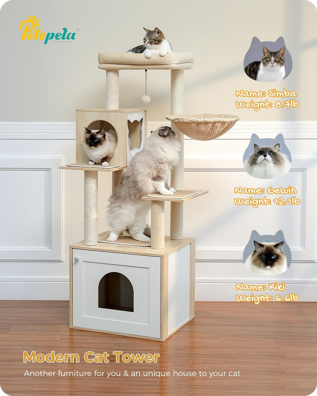 56.7" Cat Tree with Litter Box Enclosure, Wood Cat Tower, Beige | Enclosed Cabinet Hides a Litter Box; with Cozy Condo, Sisal Scratching Posts, Spoon Hammock & Top Perch for Indoor Cats