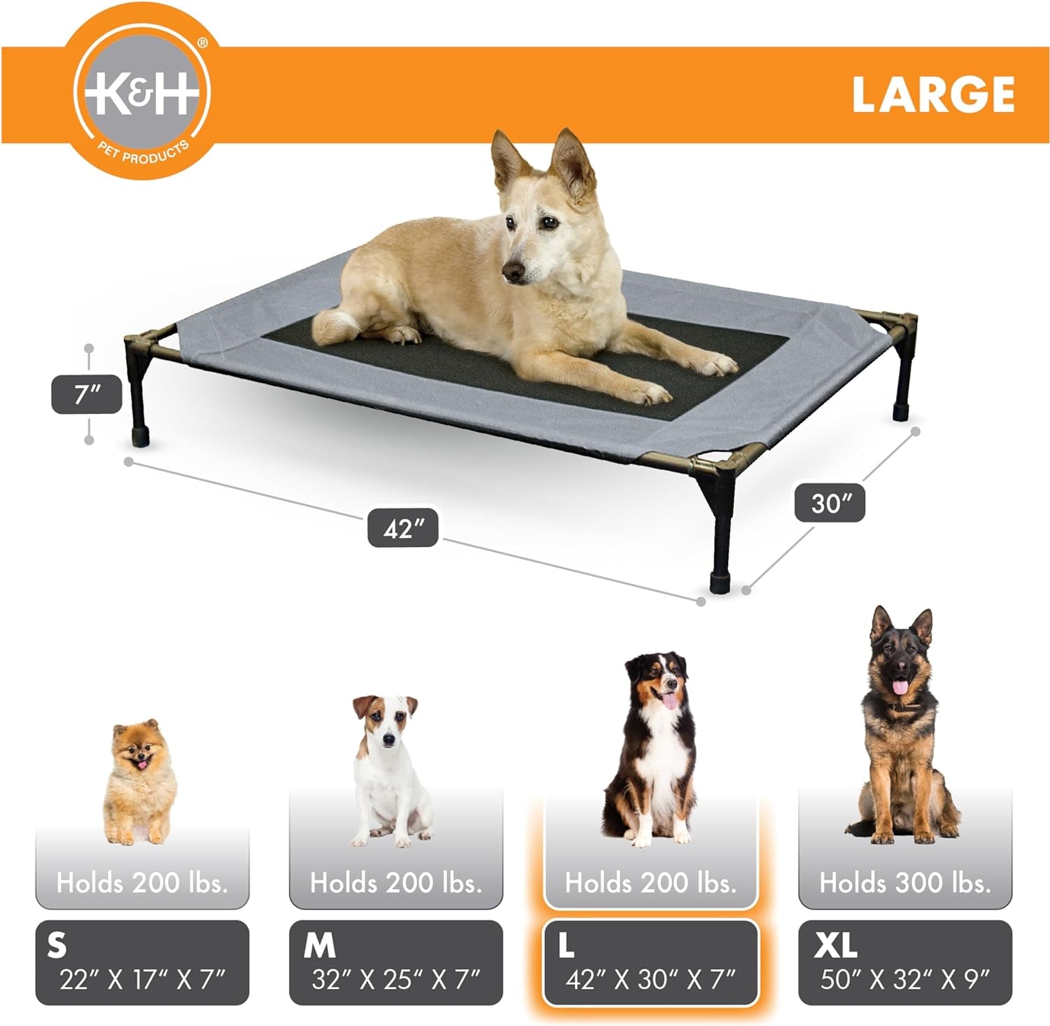 K&H Outdoor Elevated Dog Bed for Medium & Large Pets, Gray, Large 42X30In
