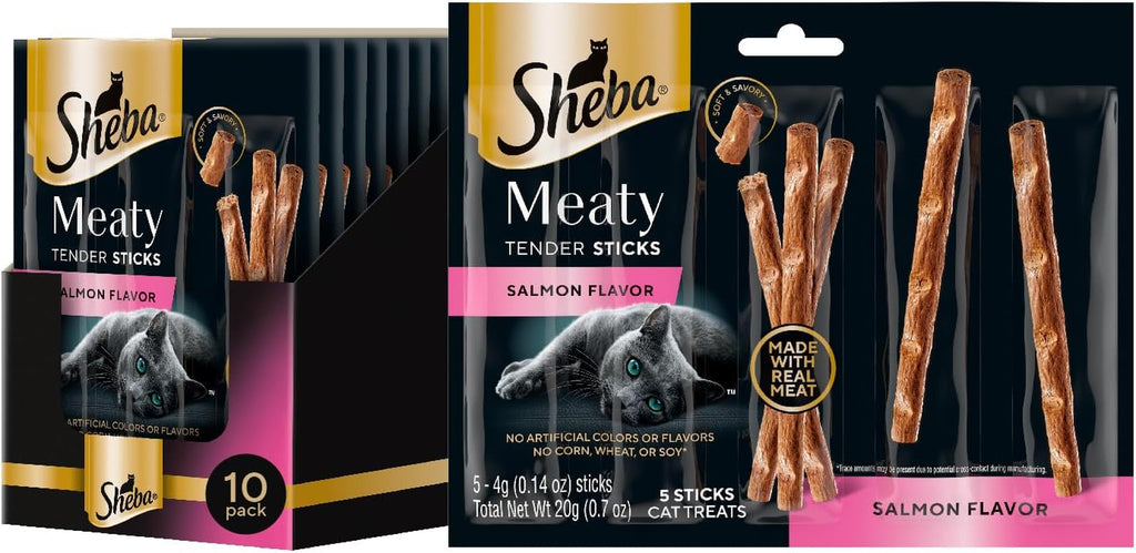 Meaty Tender Sticks Soft Cat Treats, Salmon Flavor, 5 Count, 10 Pack | 50 Sticks Total, Individually Wrapped, Real Meat, Omega-6 Fats, Essential Amino Acids, No Artificial Dyes