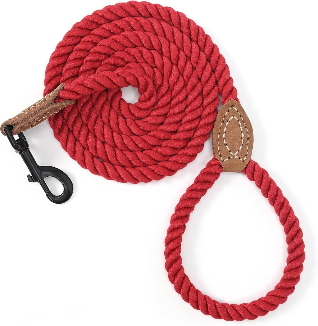 Dog Leash Braided Cotton Rope with Leather-Reinforced Ends | Rust-Proof 360° Swivel Clasp, Heavy-Duty for Medium/Large Breeds. Great for Weddings, Daily Walks (5 FT, 1/2", Red)