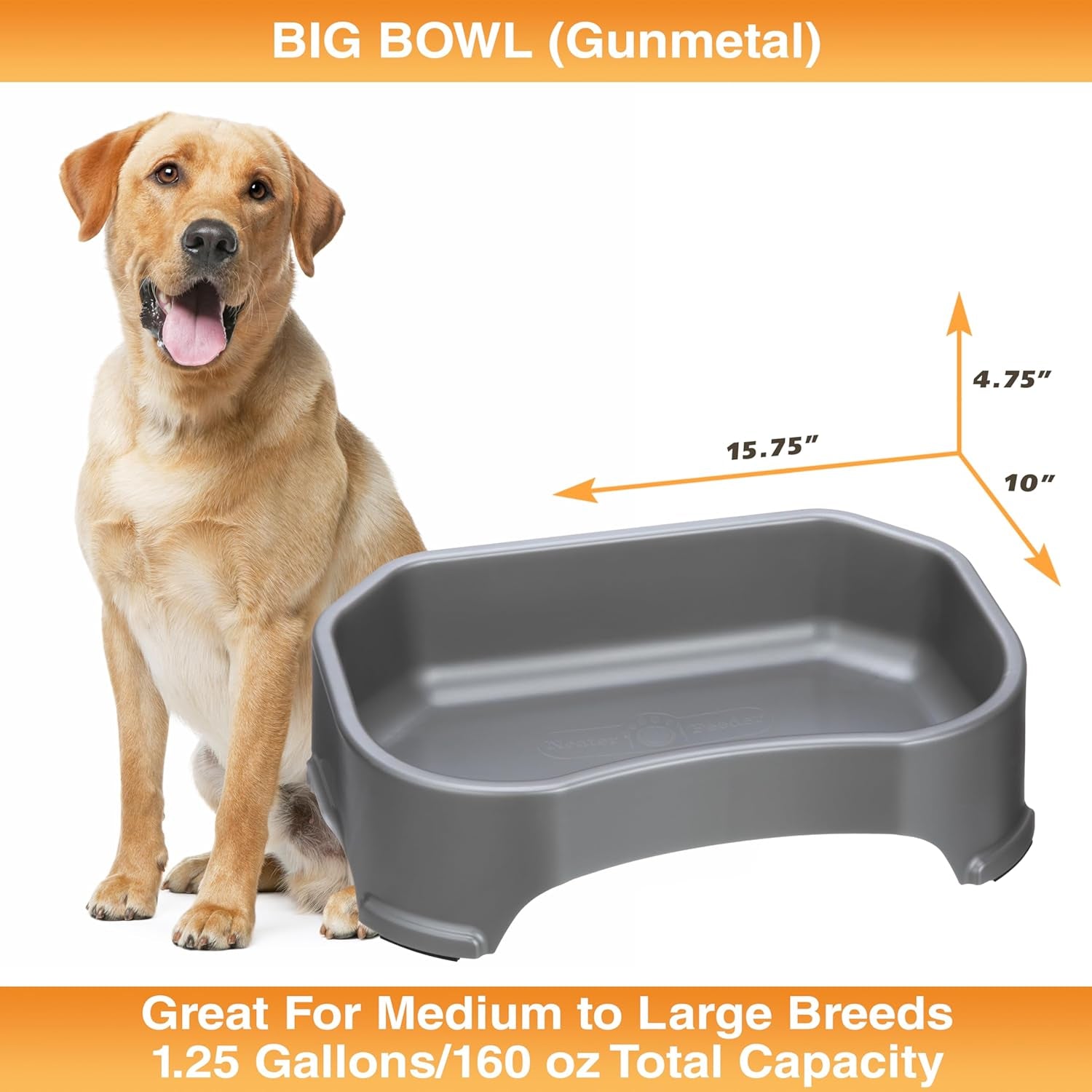 Extra Large Water Bowl for Dogs, Outdoor Dog Water Bowl (1.25 Gallon XL Capacity), Big Trough Style Food Dish for Indoors or Outside, No Spill Large Dog Bowls, Gunmetal Grey