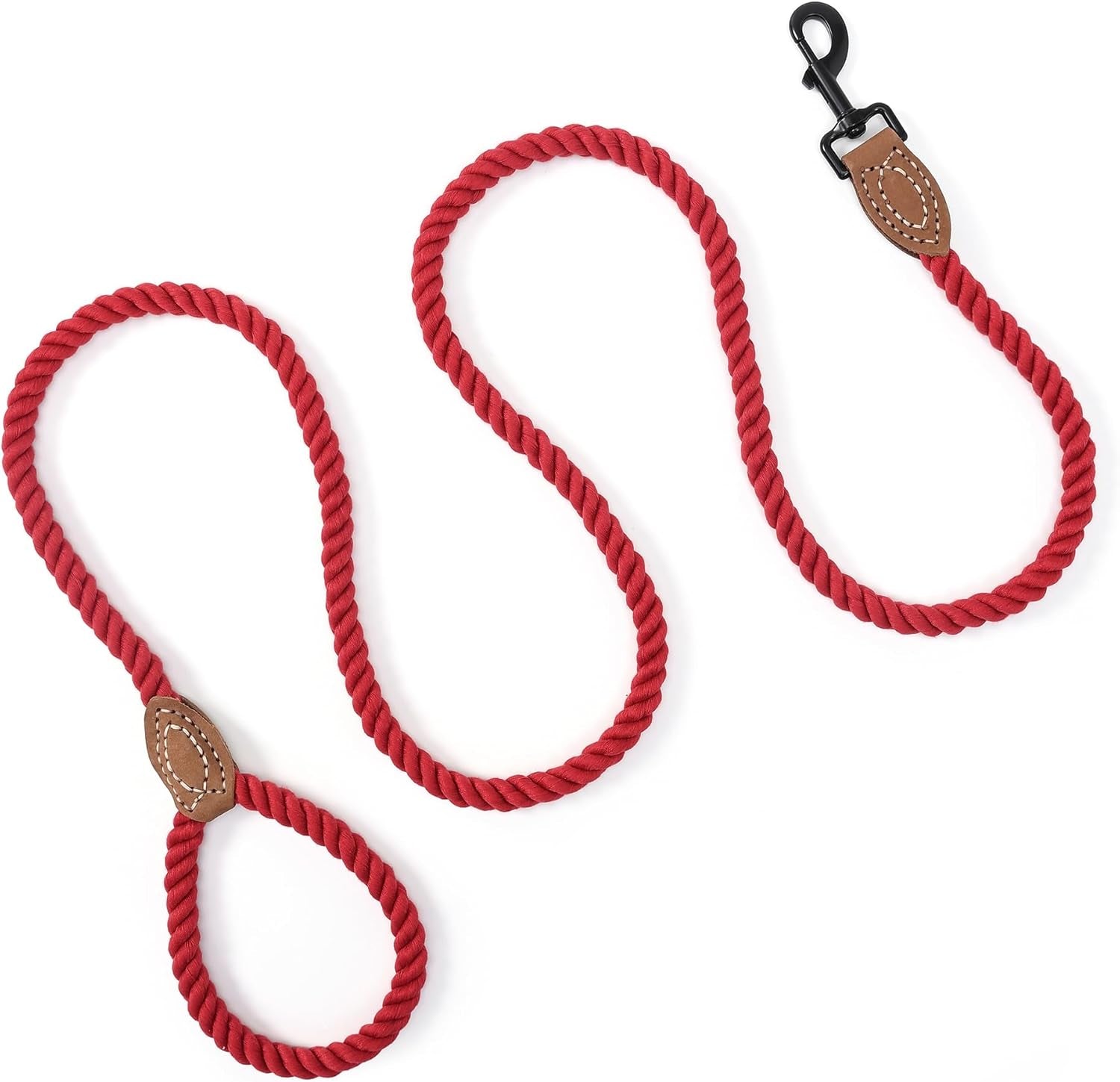 Dog Leash Braided Cotton Rope with Leather-Reinforced Ends | Rust-Proof 360° Swivel Clasp, Heavy-Duty for Medium/Large Breeds. Great for Weddings, Daily Walks (5 FT, 1/2", Red)