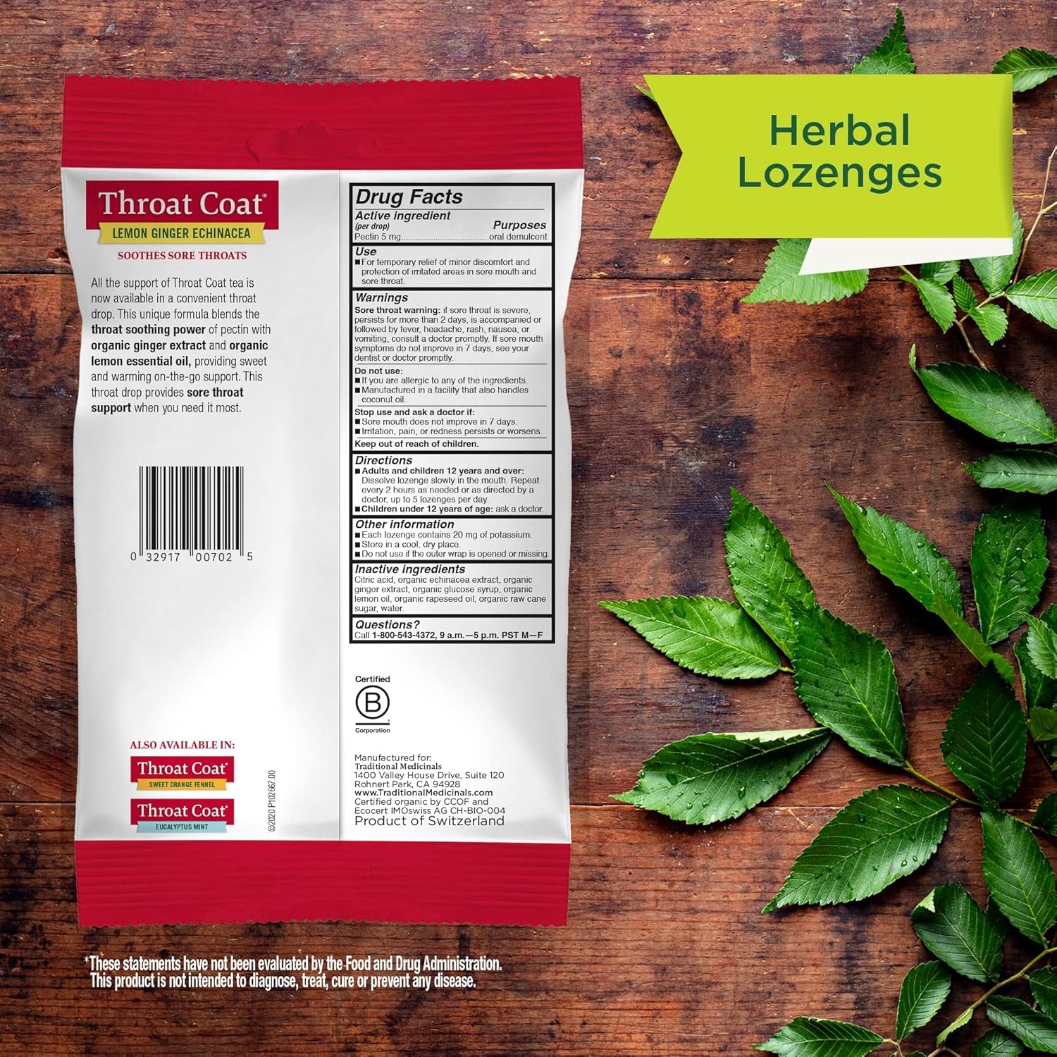 Organic, Throat Coat Lozenges, Lemon Ginger Echinacea - Herbal Cough Drops, Helps Soothe Sore Throat - Non-Gmo, Stimulant-Free - 16 Count
