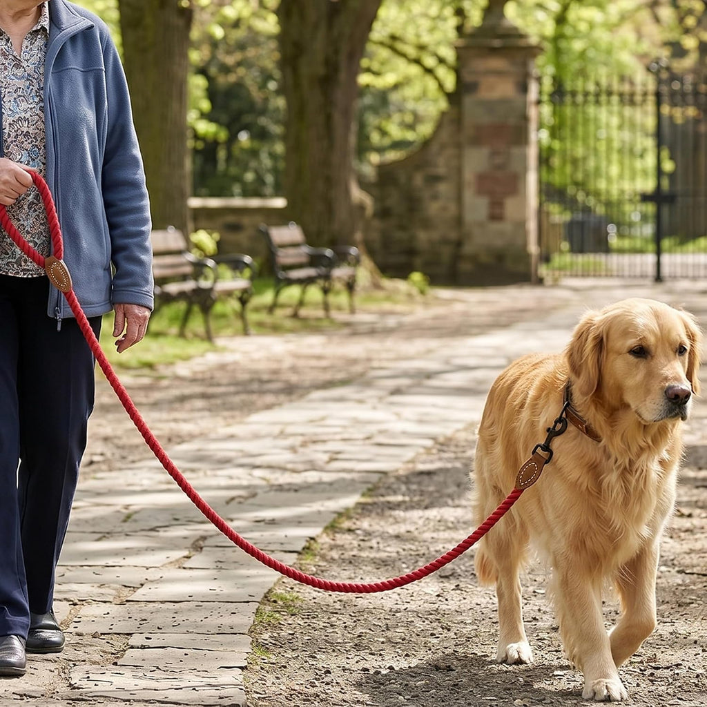 Dog Leash Braided Cotton Rope with Leather-Reinforced Ends | Rust-Proof 360° Swivel Clasp, Heavy-Duty for Medium/Large Breeds. Great for Weddings, Daily Walks (5 FT, 1/2", Red)