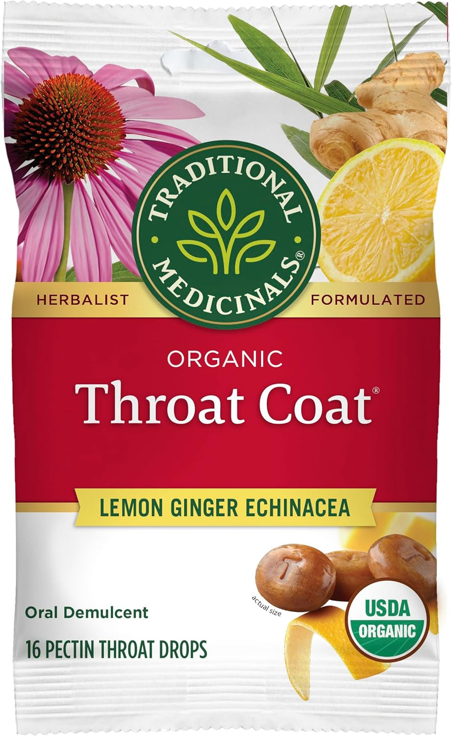 Organic, Throat Coat Lozenges, Lemon Ginger Echinacea - Herbal Cough Drops, Helps Soothe Sore Throat - Non-Gmo, Stimulant-Free - 16 Count