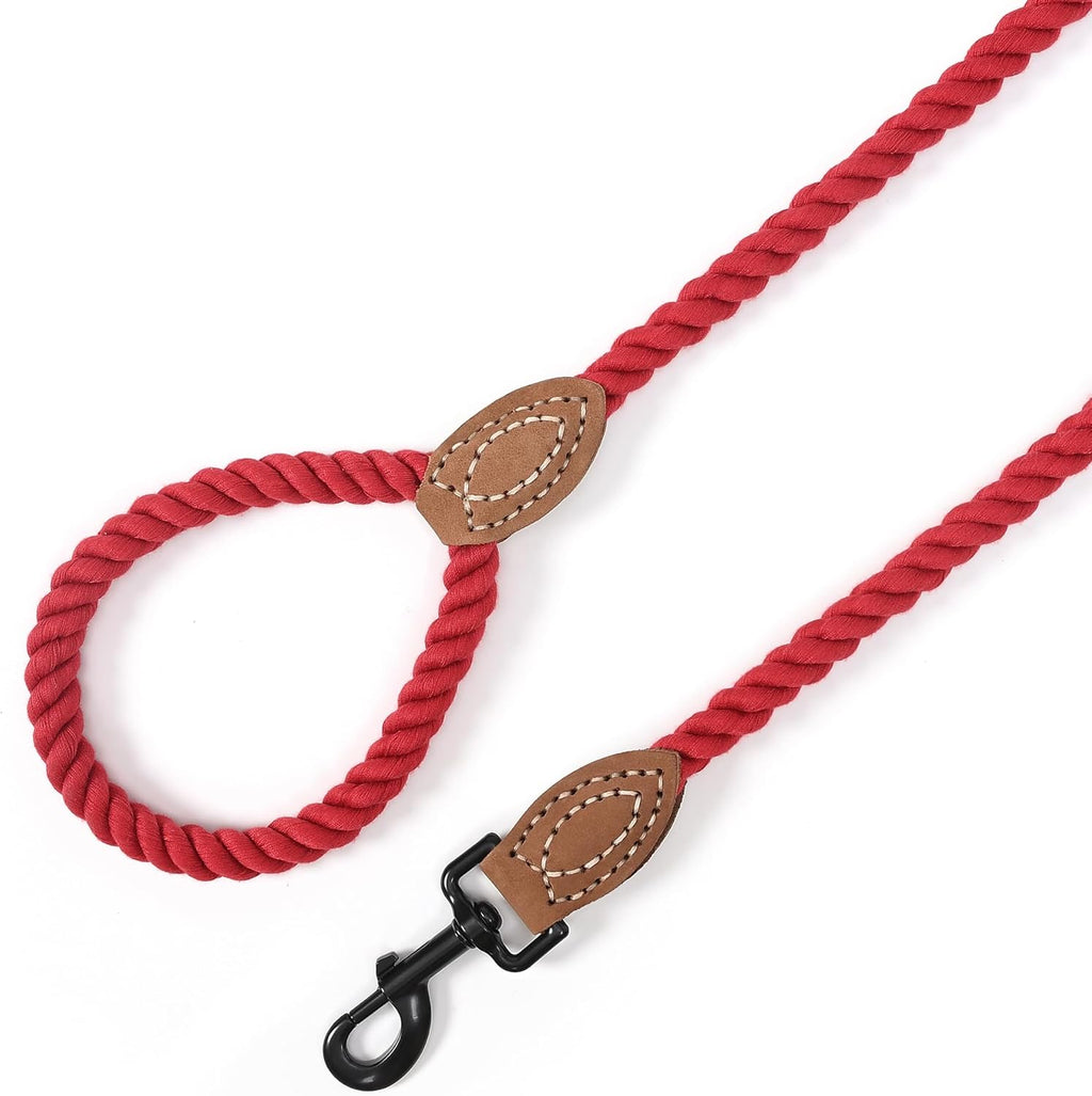 Dog Leash Braided Cotton Rope with Leather-Reinforced Ends | Rust-Proof 360° Swivel Clasp, Heavy-Duty for Medium/Large Breeds. Great for Weddings, Daily Walks (5 FT, 1/2", Red)