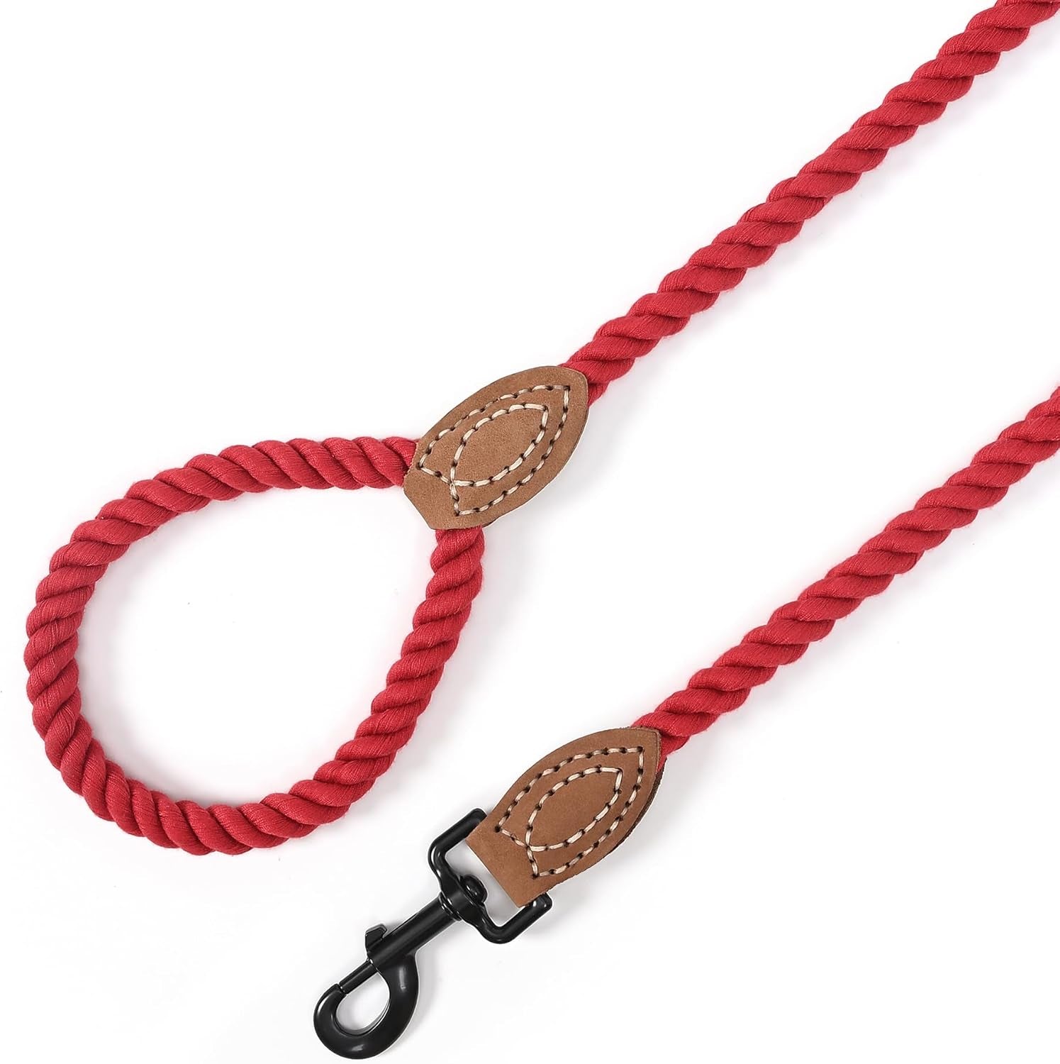 Dog Leash Braided Cotton Rope with Leather-Reinforced Ends | Rust-Proof 360° Swivel Clasp, Heavy-Duty for Medium/Large Breeds. Great for Weddings, Daily Walks (5 FT, 1/2", Red)