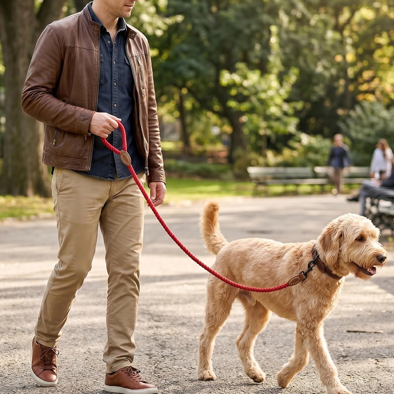 Dog Leash Braided Cotton Rope with Leather-Reinforced Ends | Rust-Proof 360° Swivel Clasp, Heavy-Duty for Medium/Large Breeds. Great for Weddings, Daily Walks (5 FT, 1/2", Red)